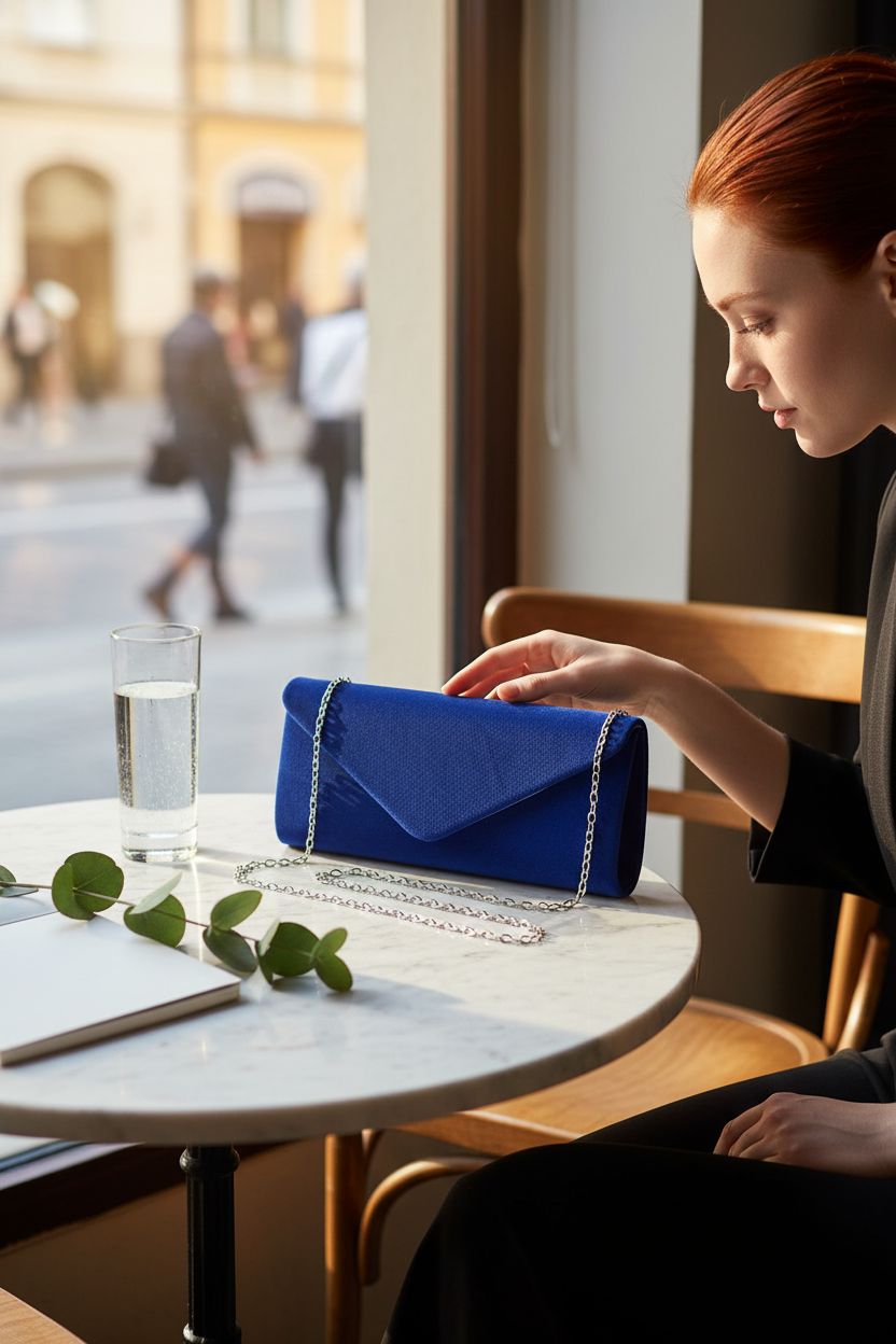 YIXUND royal blue clutch bag on a marble table, ideal for casual daytime outings.