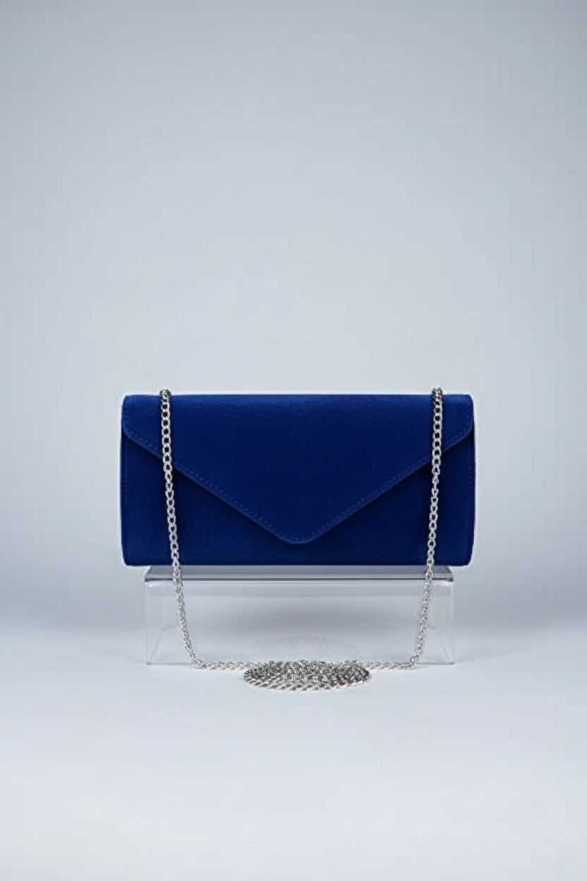 YIXUND royal blue velvet purse showcasing fine stitching and a detachable chain.