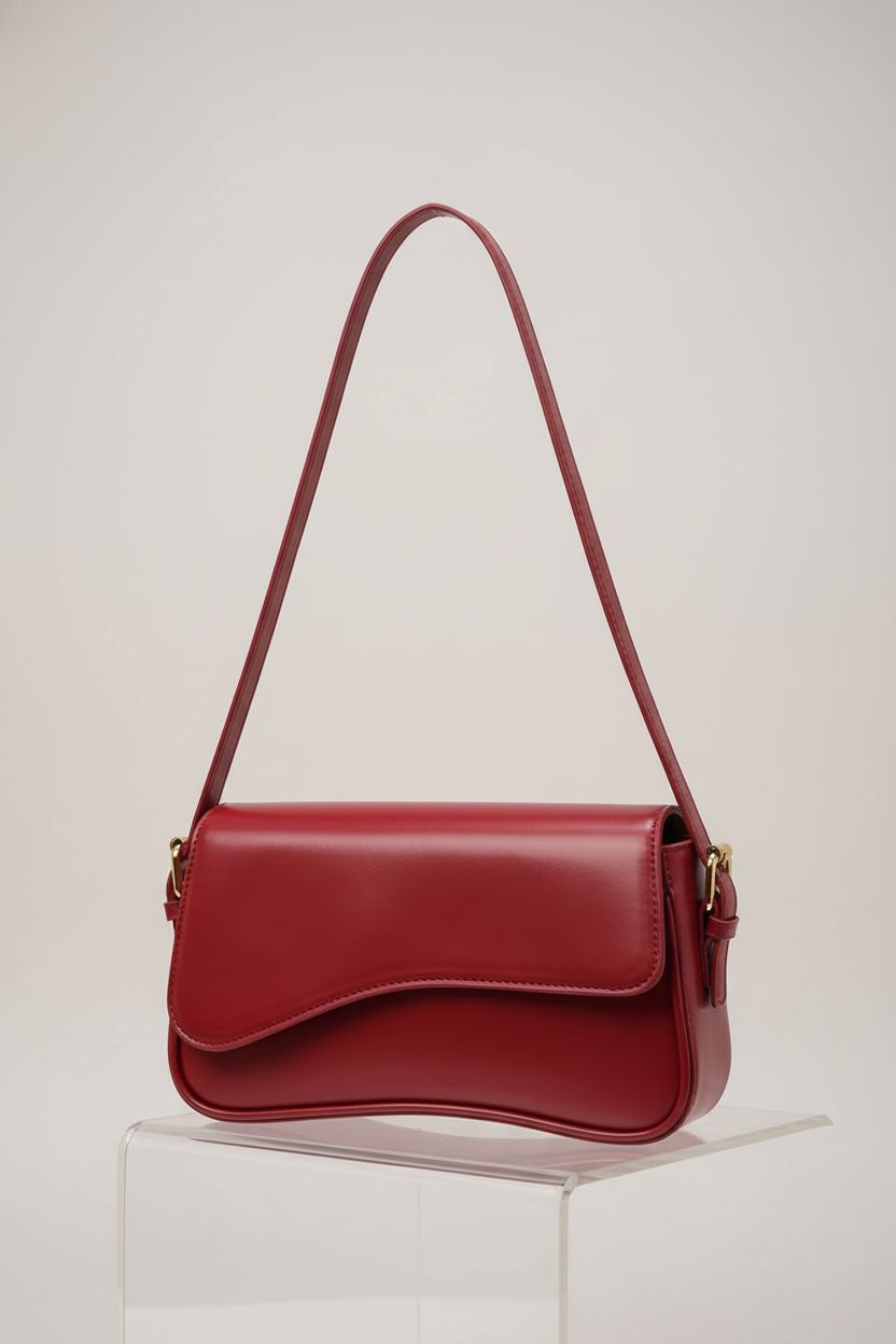 Product shot of Amszke's ruby red shoulder bag on a pedestal, showcasing its exquisite design and vegan leather.