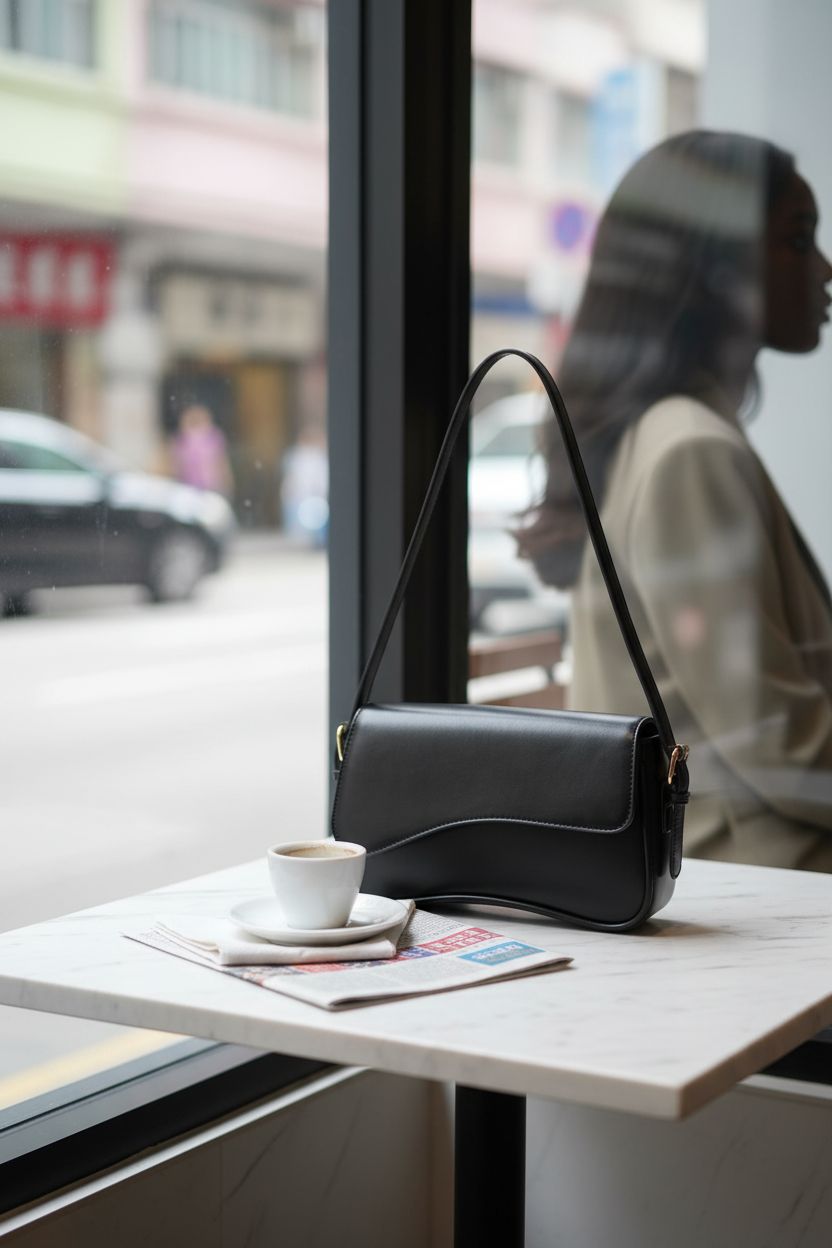 Amszke black saddle bag elegantly positioned on a marble table, showcasing its versatile design.