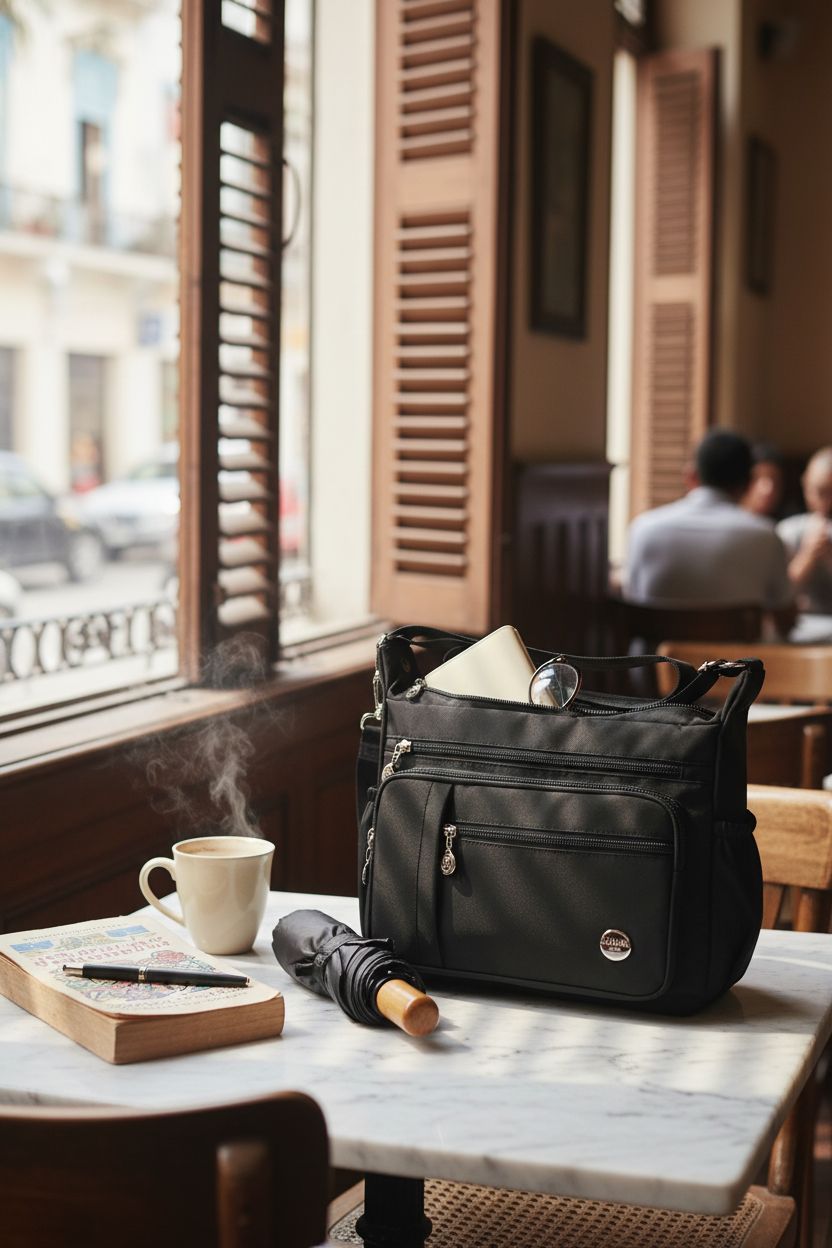 MINTEGRA satchel bag beside a steaming mug in a Havana café, highlighting everyday practicality.