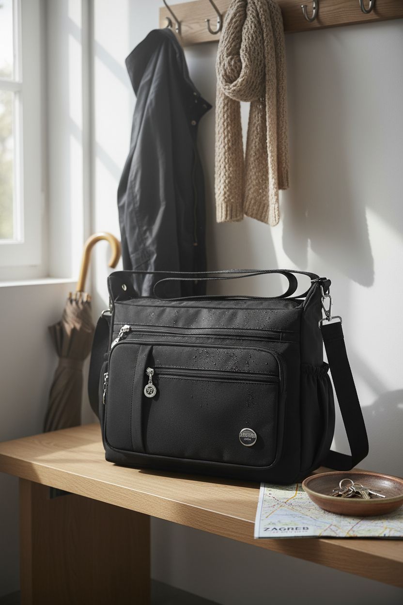 MINTEGRA satchel resting on a wooden bench, creating a cozy entryway vibe