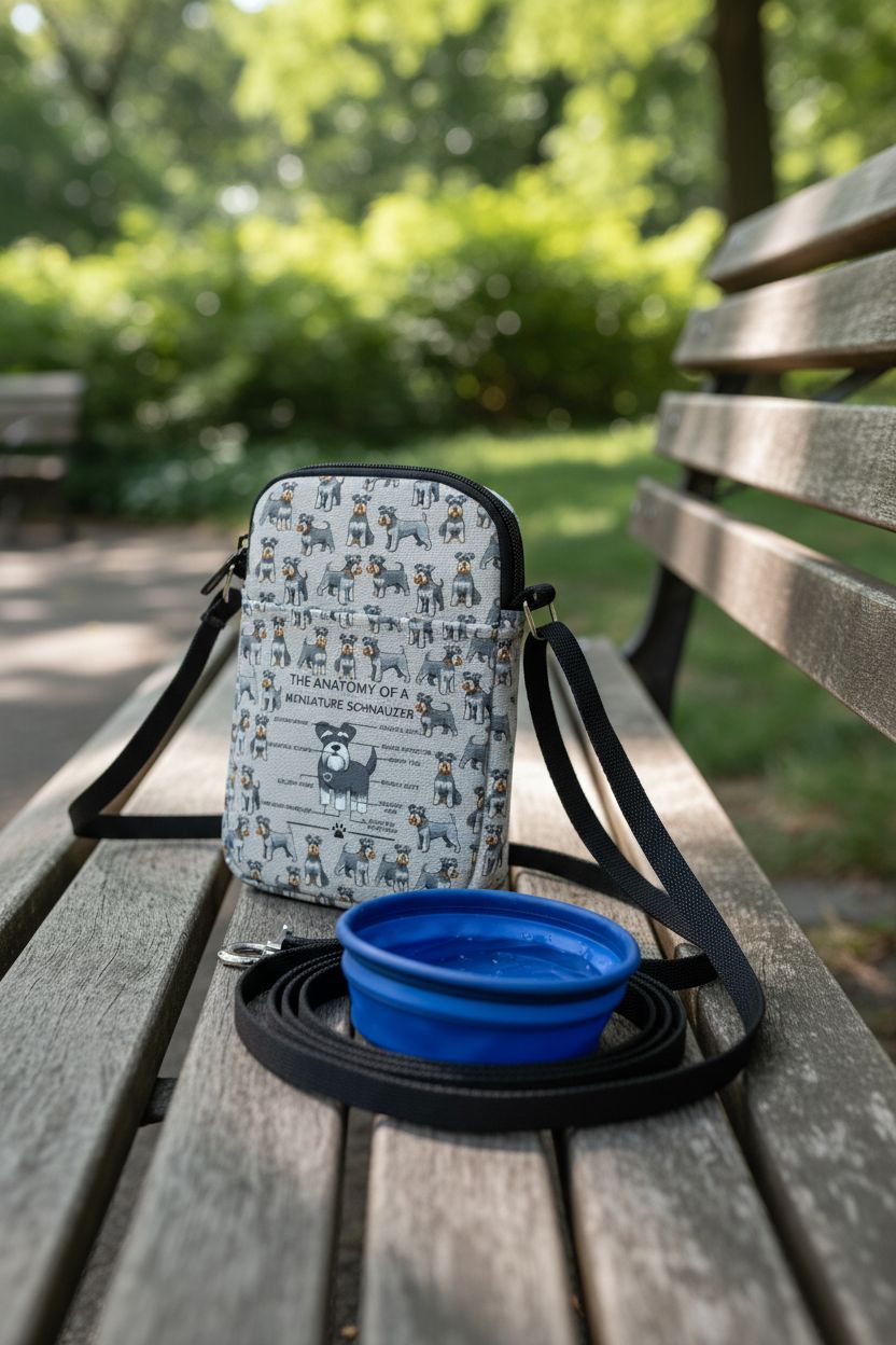 Canvas schnauzer purse resting on a park bench beside dog essentials, highlighting its water-resistant fabric by HOLLP.