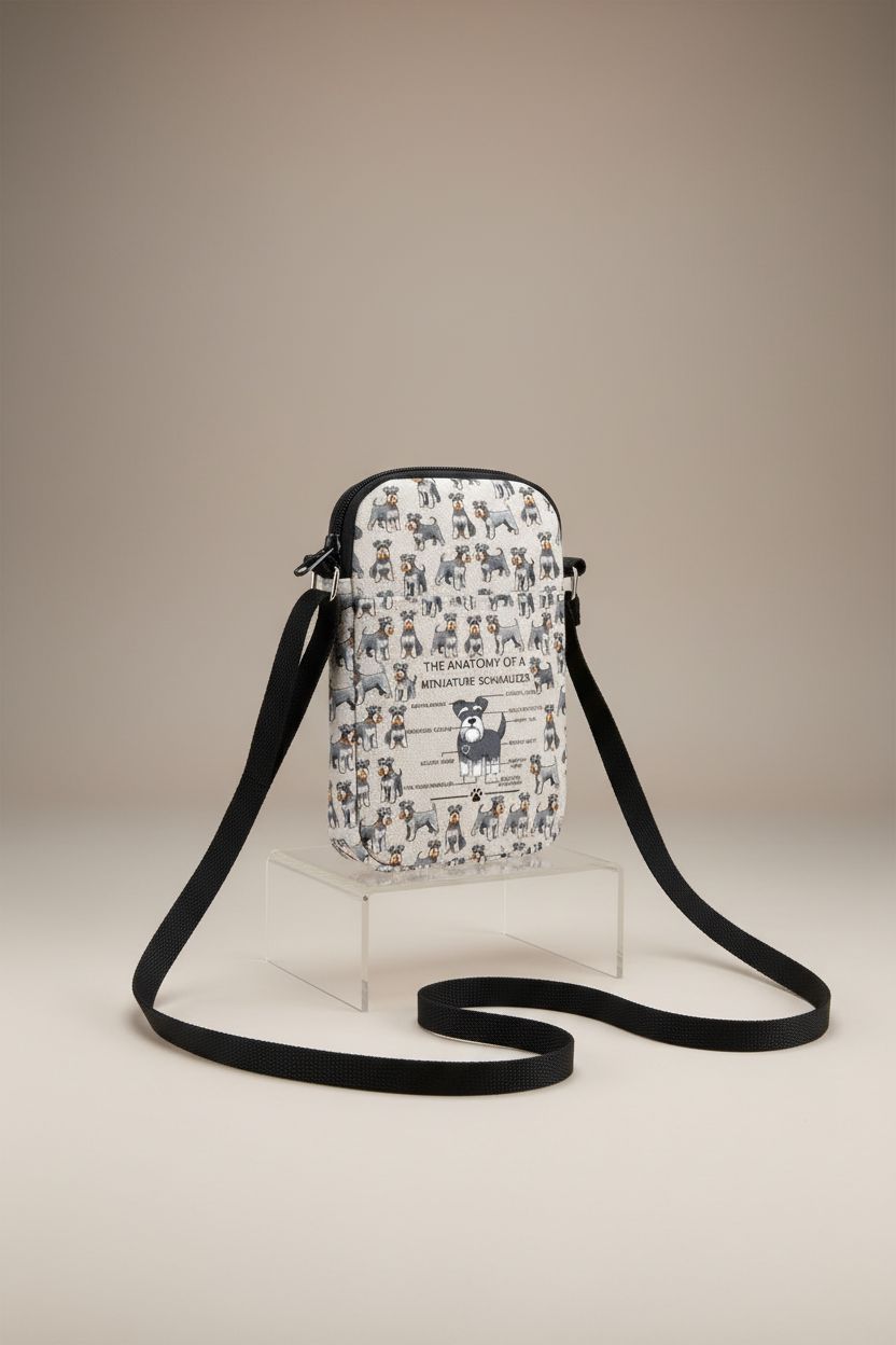 Close-up of schnauzer print canvas bag on a studio set, showcasing detailed stitching and pocket design by HOLLP.