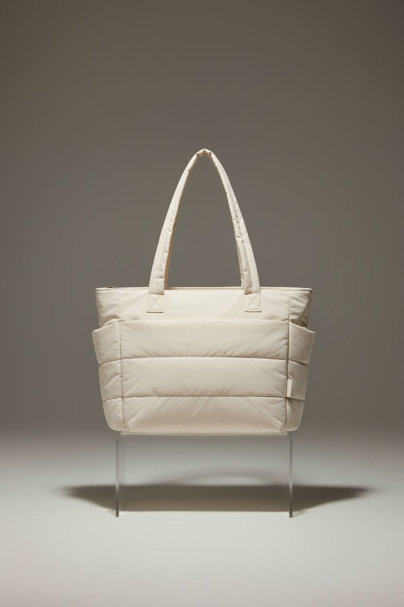 BAGSMART beige puffy tote bag showcasing quilting and design features on studio set.