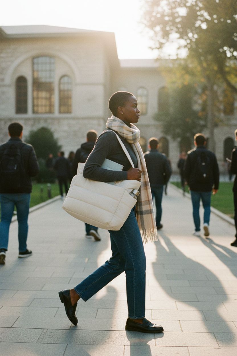 BAGSMART beige puffy tote bag with notebook and water bottle in university quad.