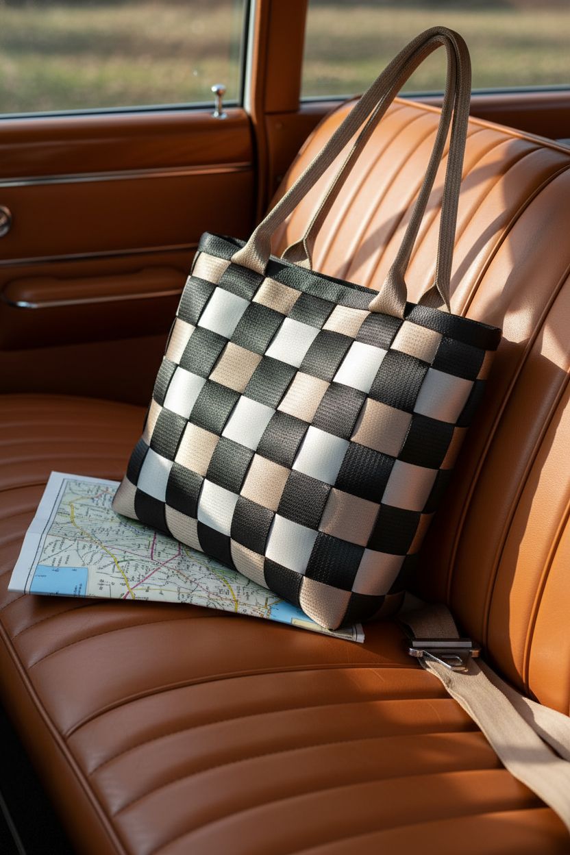 Aunt Sandy's Sewing seatbelt tote resting on a vintage car seat, highlighting its stylish design and durability.