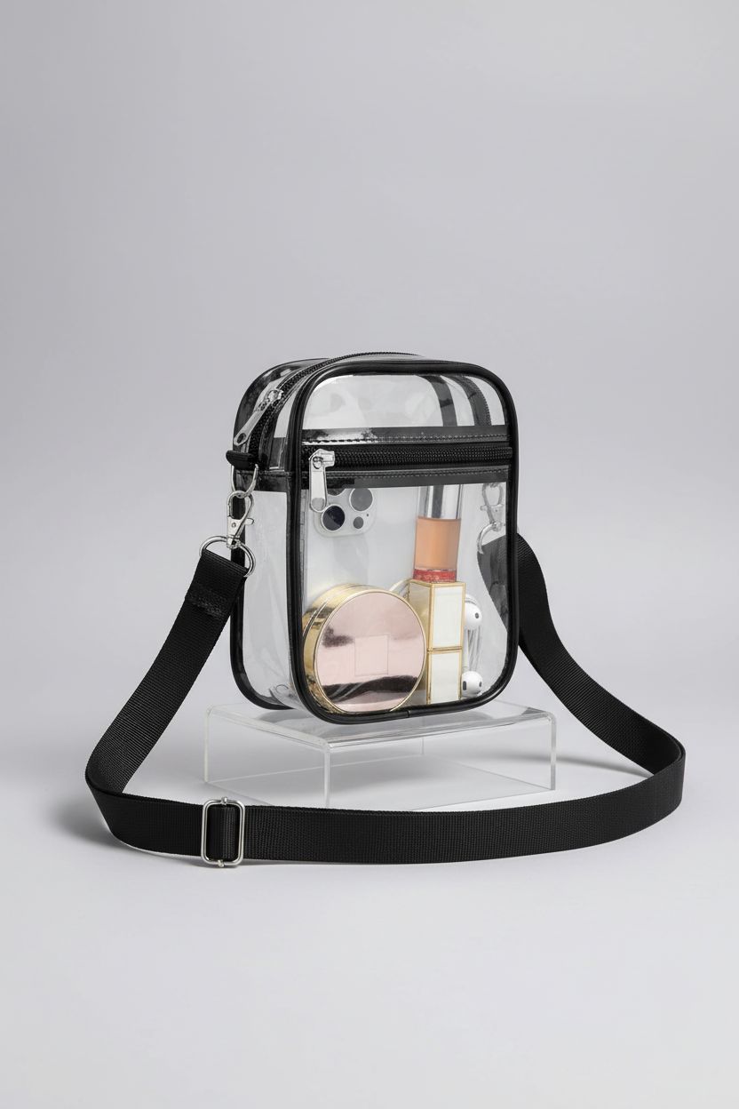 USPECLARE clear purse showcased in a studio setting, emphasizing its quality and design.