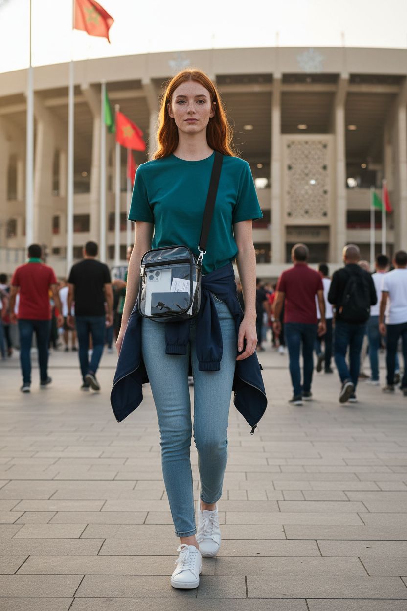 USPECLARE clear purse displayed in a stadium setting, showcasing phone and tickets inside.