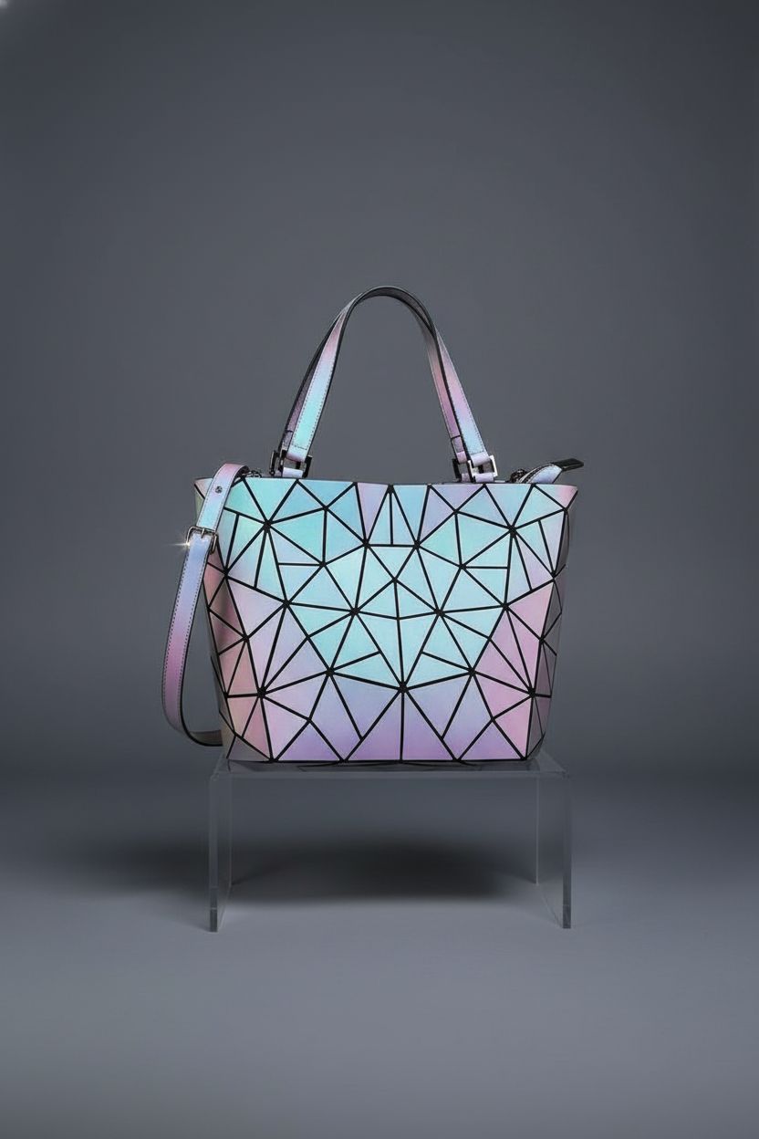 LOVEVOOK geometric purse displayed on minimal riser, highlighting its unique holographic texture.
