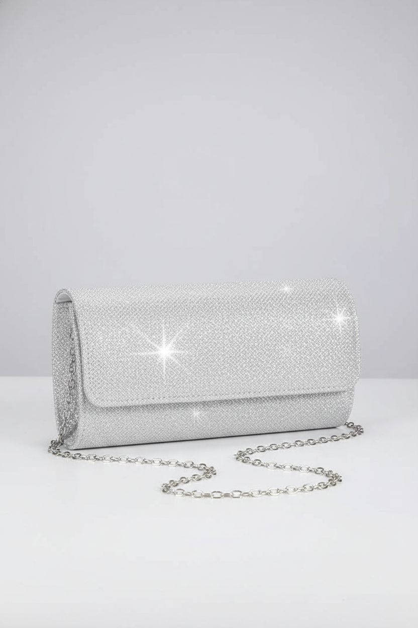 lovyoCoCo evening bag clutch with glitter finish on a light-gray backdrop