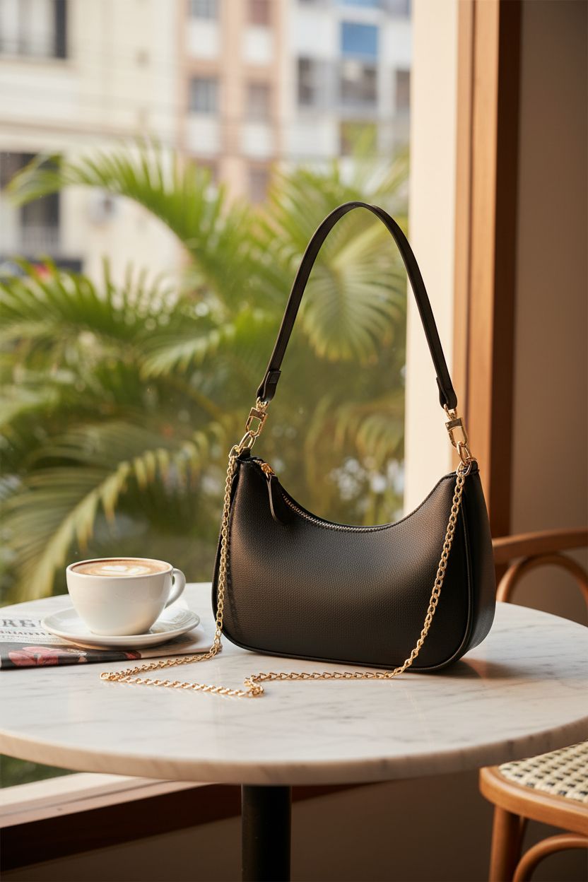 KKXIU black PU leather bag resting on a marble table, evoking a warm, cozy café atmosphere.
