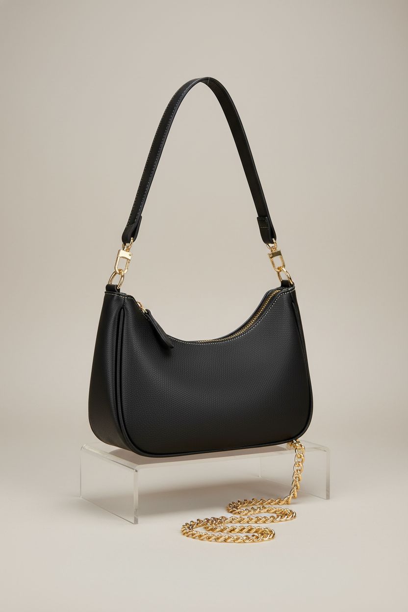 KKXIU black shoulder bag displayed on acrylic riser, highlighting its structured yet soft hobo silhouette.