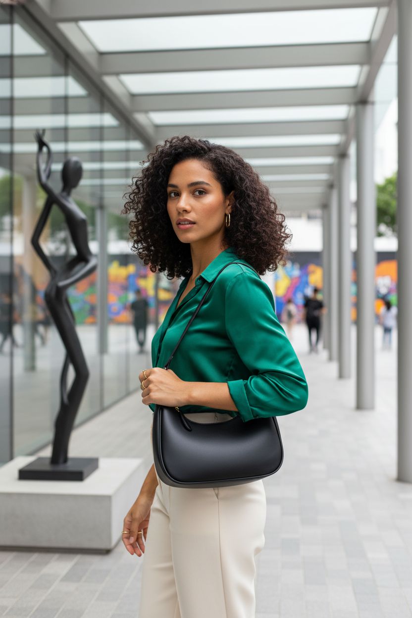 KKXIU black shoulder bag styled elegantly underarm, showcasing gold hardware in artistic setting.