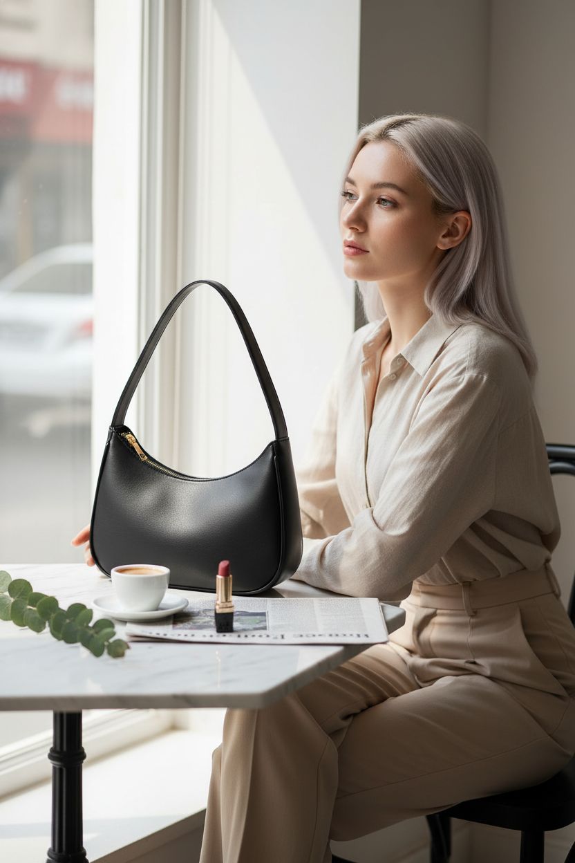 CYHTWSDJ black hobo bag resting on a café table beside coffee and a newspaper, creating a calm vibe.