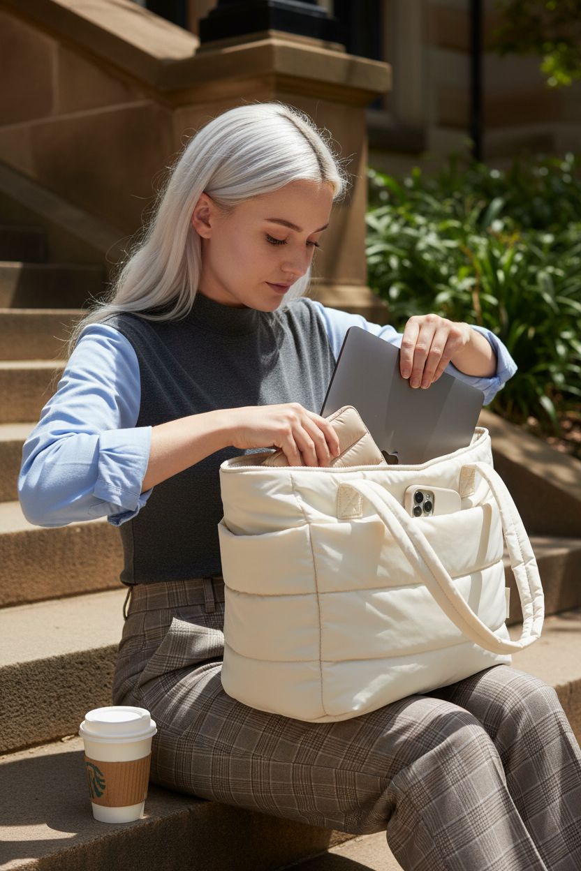 BAGSMART beige quilted shoulder bag with laptop and coffee on library steps