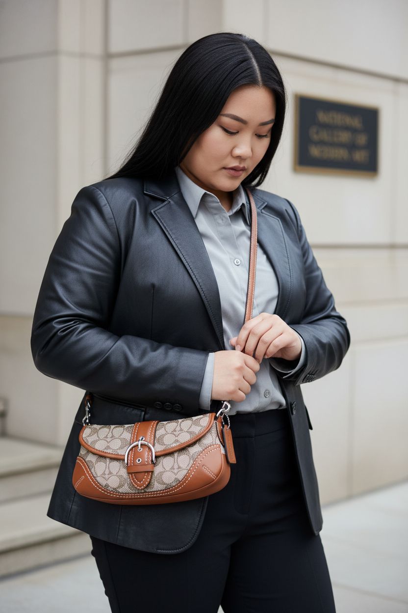 Coach Soho Bag 25 in crystal signature jacquard, worn crossbody with chic attire