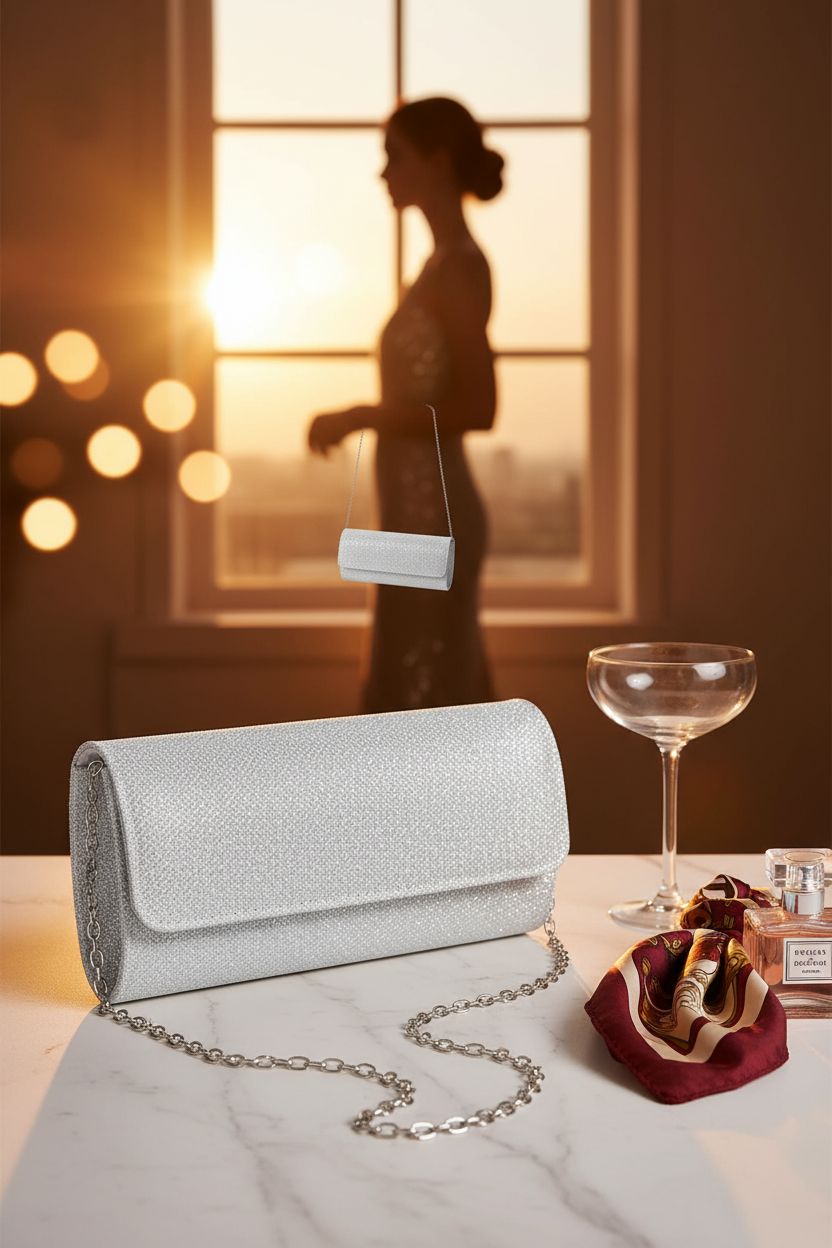 lovyoCoCo silver clutch on marble counter, perfect for cocktails and special events