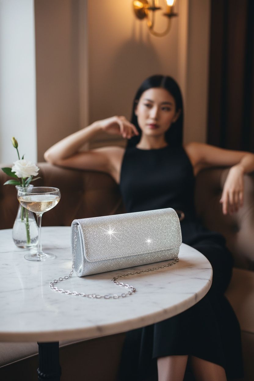 lovyoCoCo silver clutch purse elegantly displayed on marble table in cocktail bar