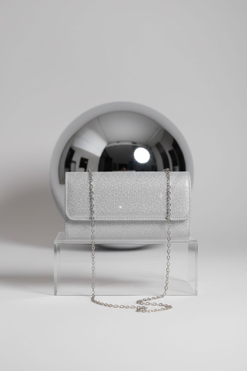 lovyoCoCo silver evening bag with glitter fabric and magnetic closure on display