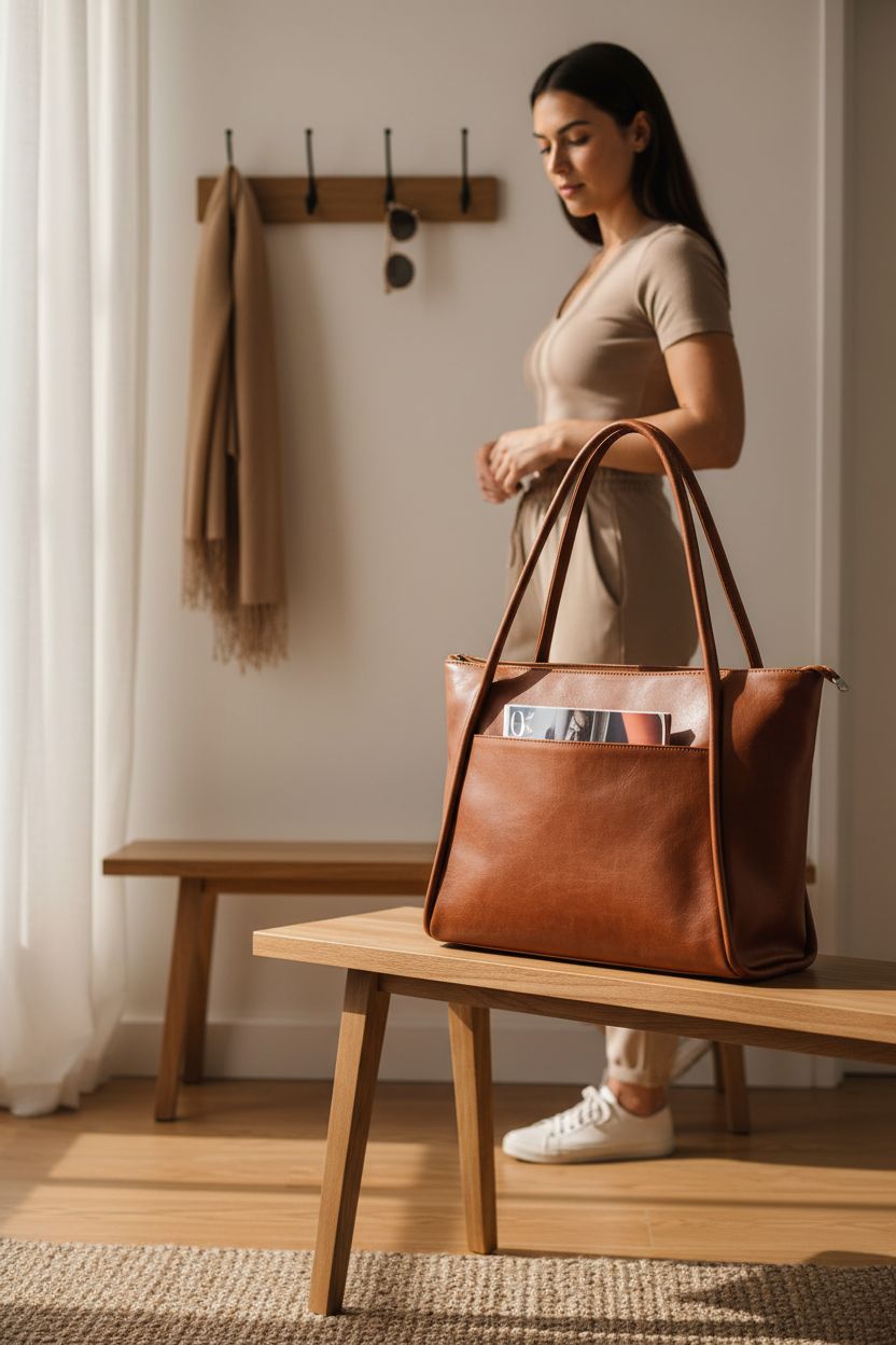 Warm brown Utenwat leather tote on oak bench with accessories, showcasing stylish home decor.
