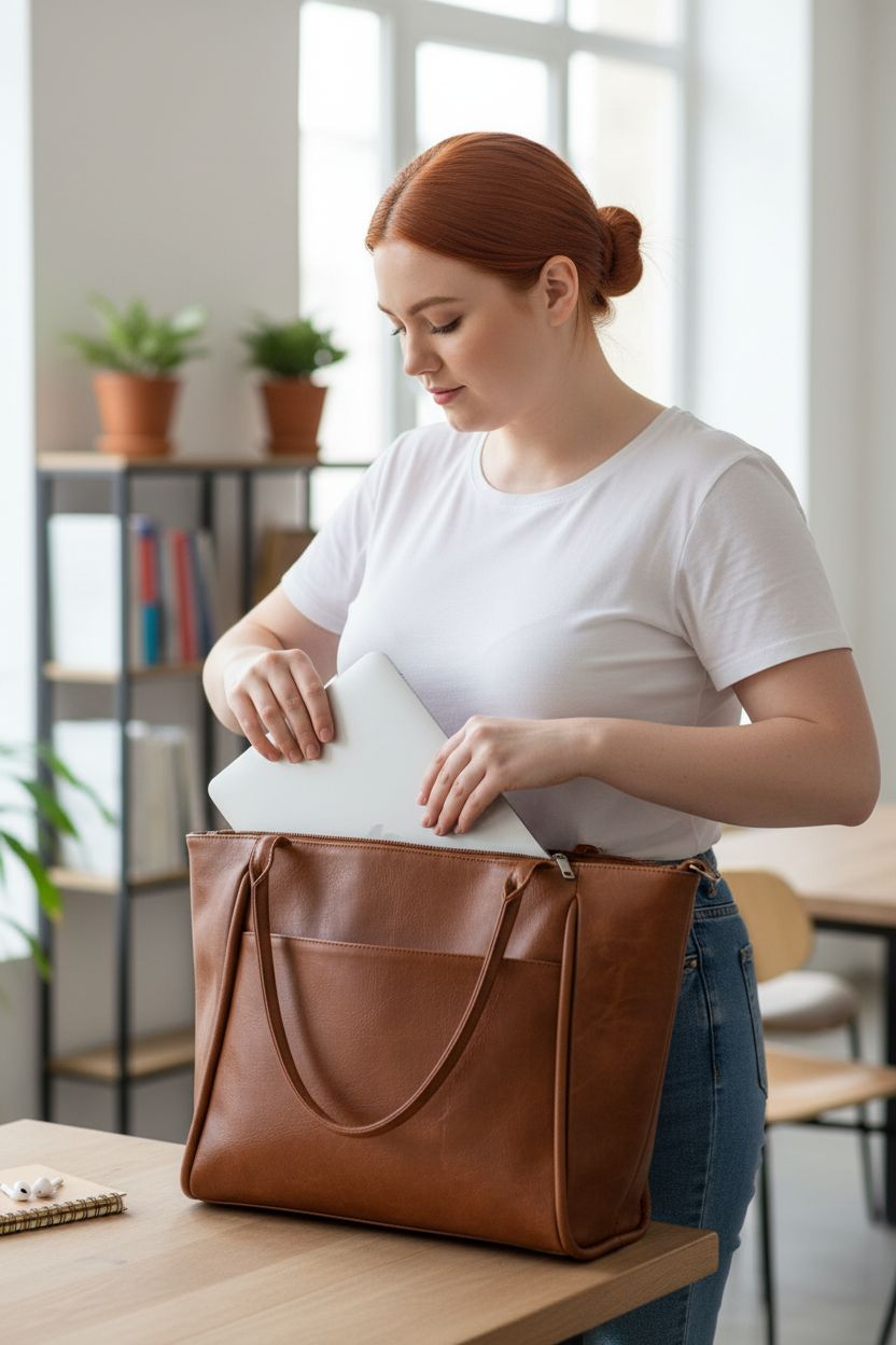 Utenwat vegan leather tote bag with laptop in coworking lounge, perfect for work and travel.