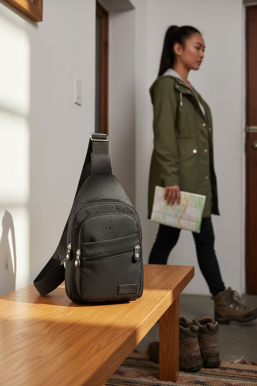 Banelu black sling bag on an oak bench, suggesting an adventurous day ahead.