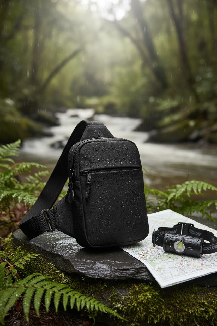 Simptech sling bag resting on wet stone next to map, highlighting water-resistant fabric