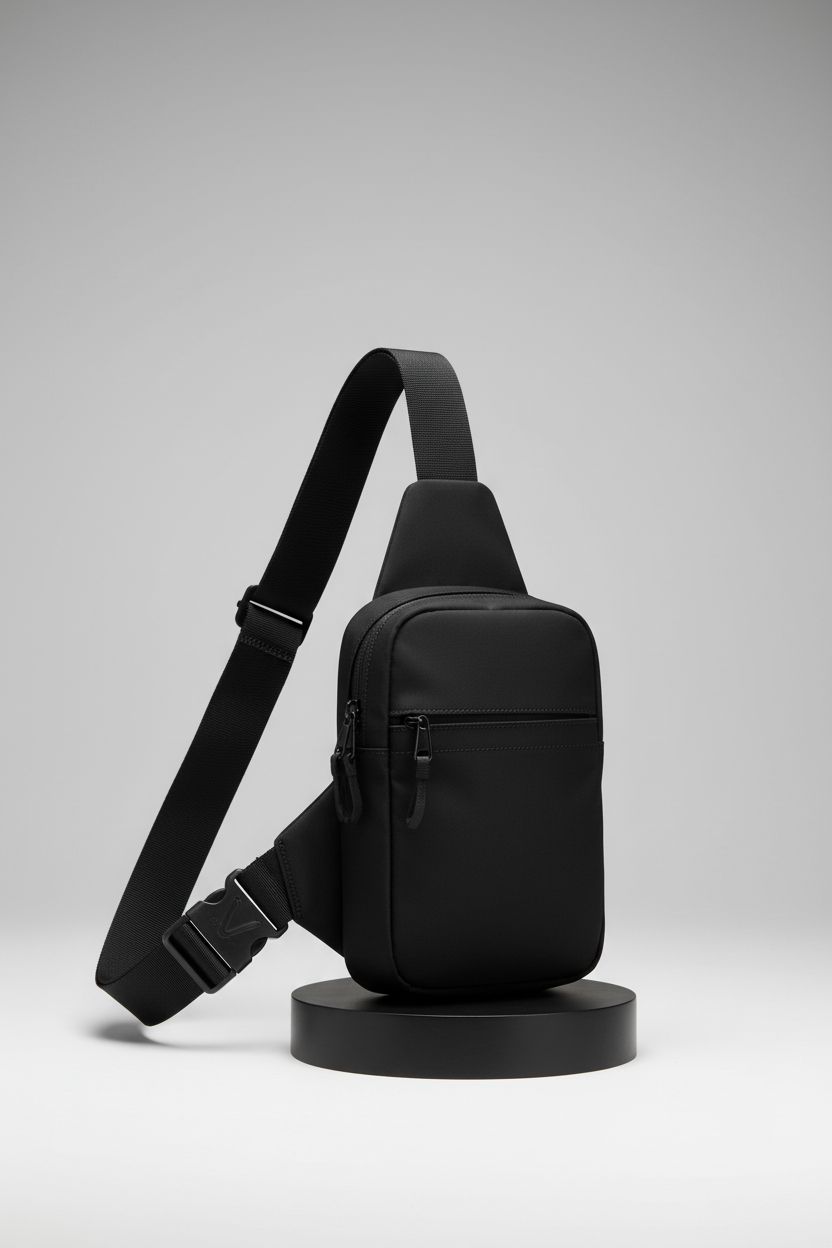 Close-up of Simptech mini sling bag on gray backdrop, showcasing pocket layout and texture