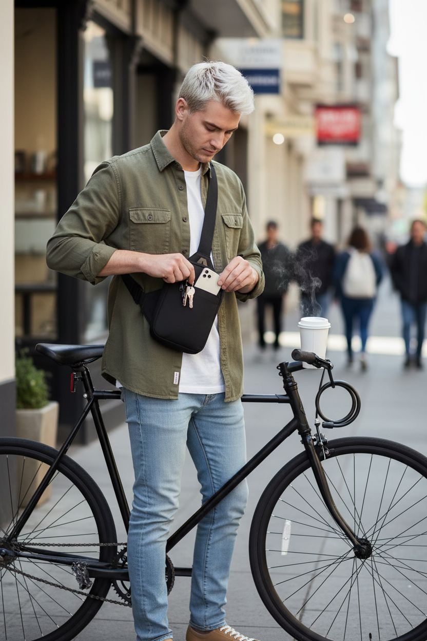 Simptech mini crossbody sling bag in front pocket with keys, stylish commuter setting