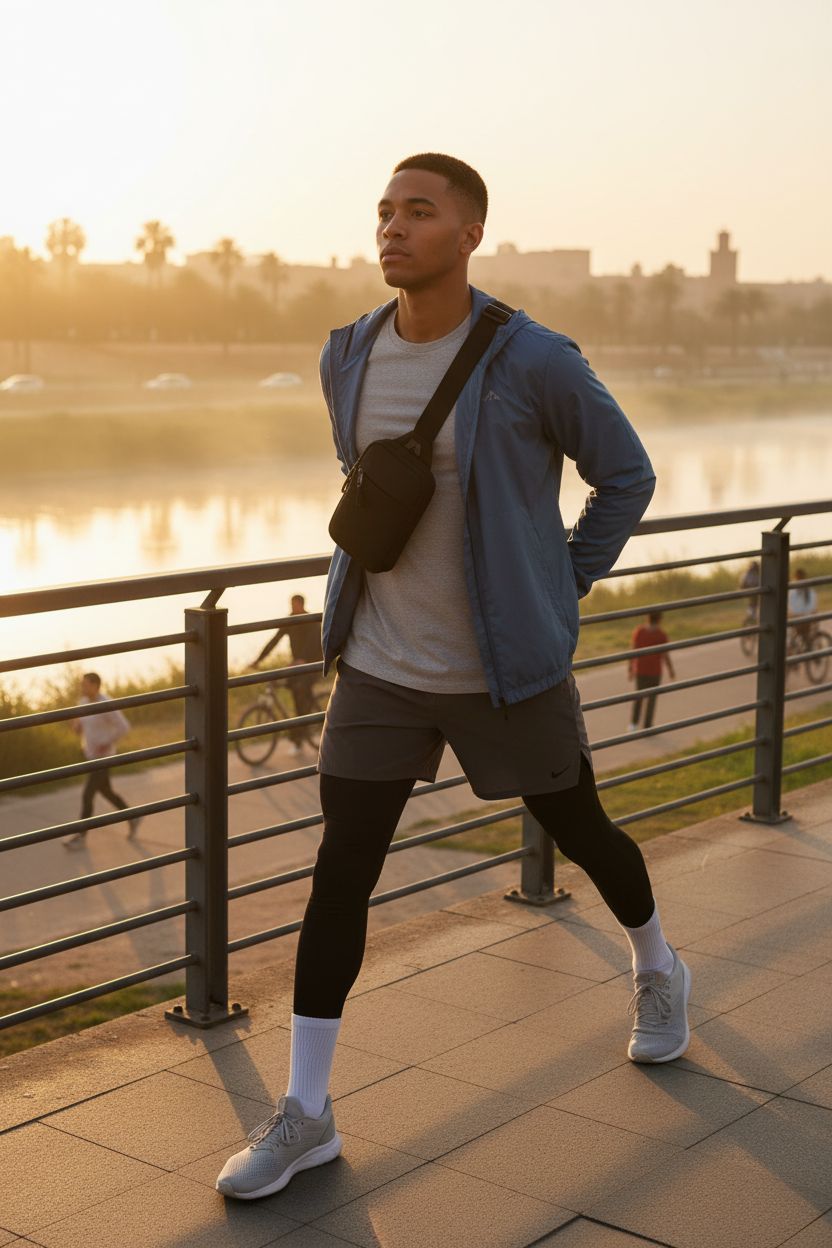 Simptech black sling bag worn high on a jogger during morning stretch, showcasing durability