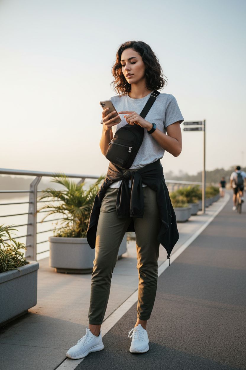 Banelu black crossbody sling bag for women, sporty style by riverside at dawn.