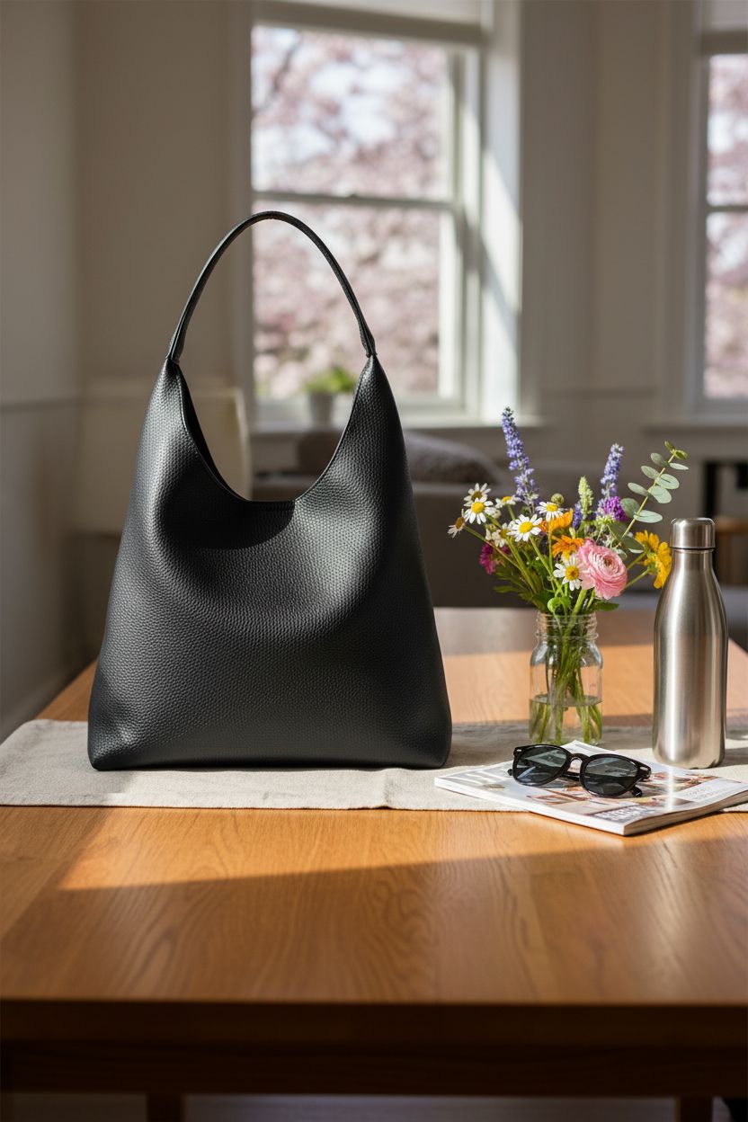Black slouchy tote bag by HOXIS on an oak table with items hinting at a relaxed weekend vibe.