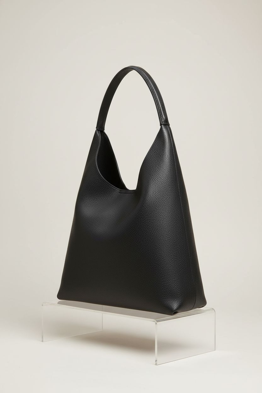 HOXIS slouchy tote bag displayed on a gray backdrop, highlighting its vegan leather texture.