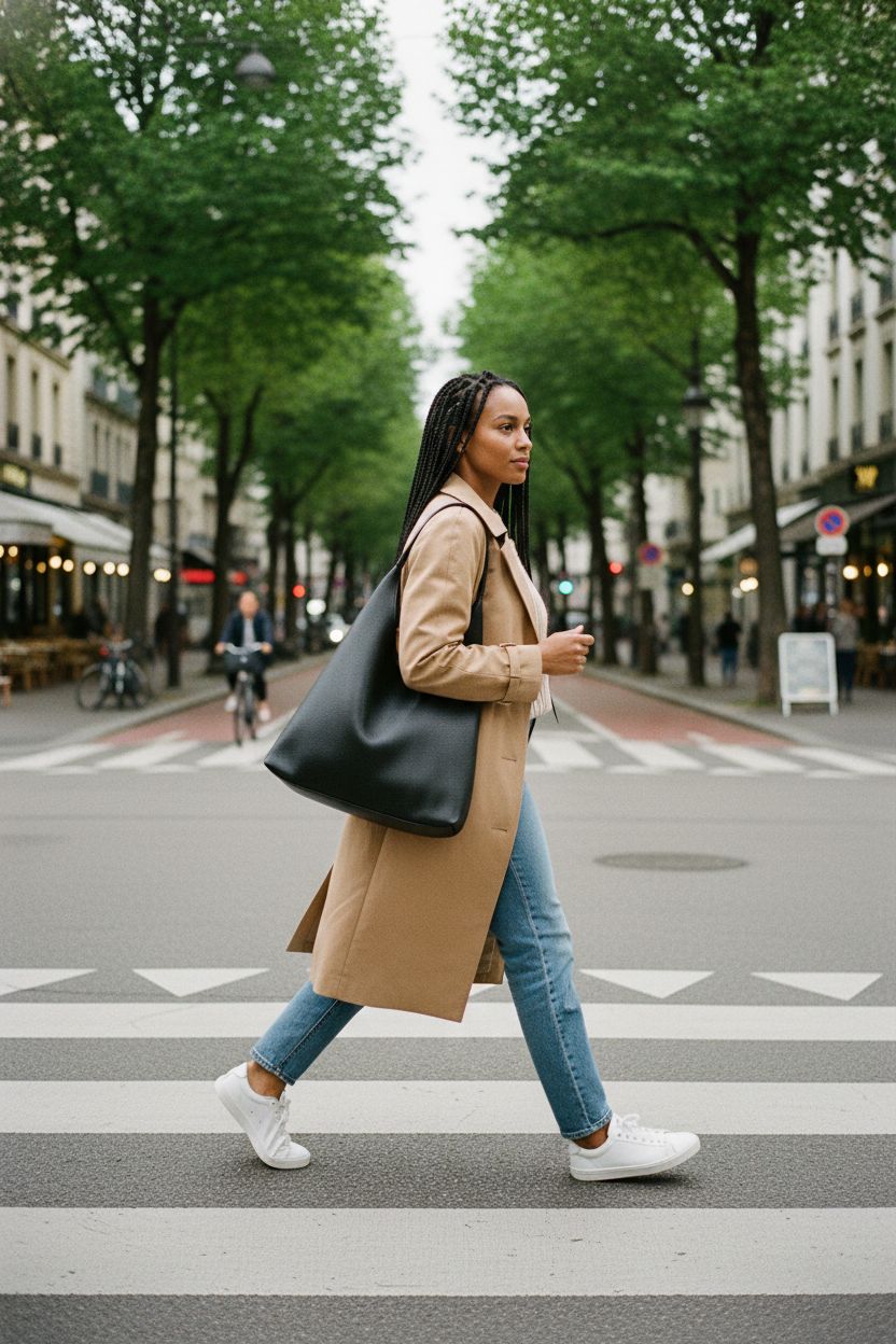 Black vegan leather slouchy tote bag by HOXIS draped on shoulder during a morning commute.