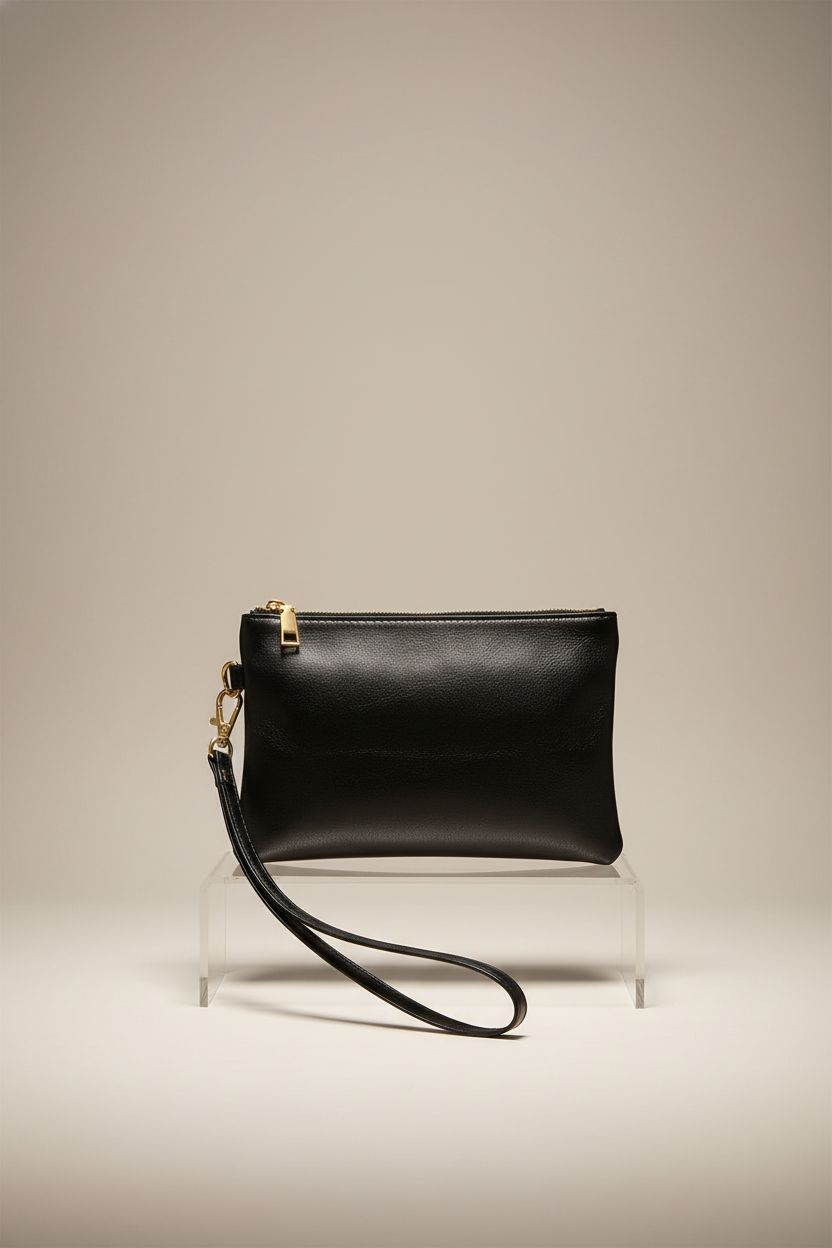 K.E.J. women's black clutch bag displayed on a minimal acrylic riser showcasing fine details