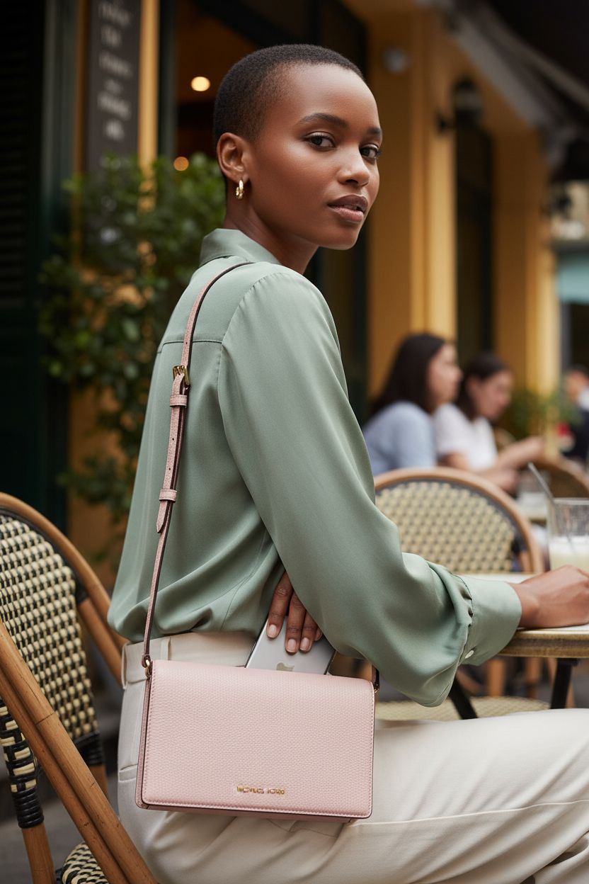 Michael Kors soft pink flap crossbody bag on a bistro table with gold-tone hardware