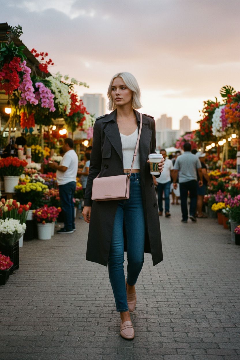 Michael Kors crossbody bag in soft pink with gold hardware at a vibrant flower market