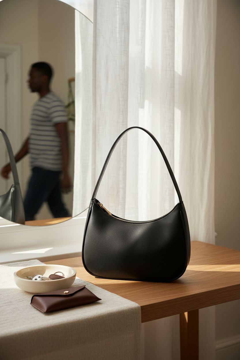 CYHTWSDJ black hobo bag displayed in sunlit apartment entryway, enhancing home decor.