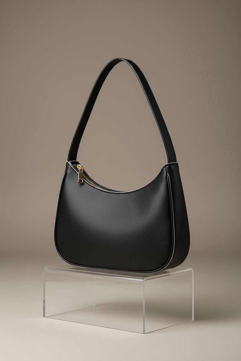 CYHTWSDJ black crescent hobo bag showcased on acrylic block, highlighting its quality design.