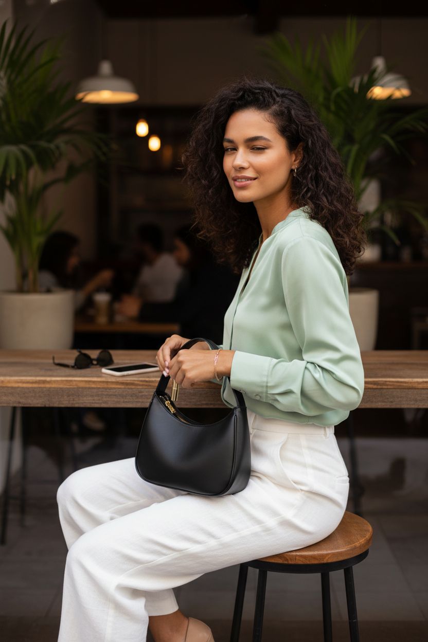 CYHTWSDJ black hobo tote handbag elegantly placed at cafe, showcasing its stylish zipper closure.