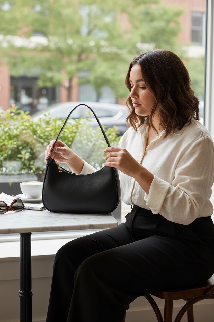 CYHTWSDJ black hobo bag on a cafe table, elegant design for a stylish coffee break.