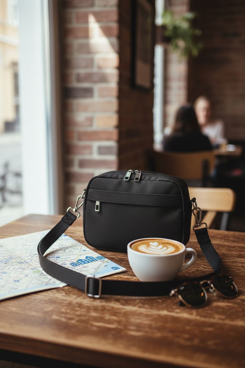 MAXTOP small sling bag resting on a table with a cappuccino, showcasing its water-resistant fabric.