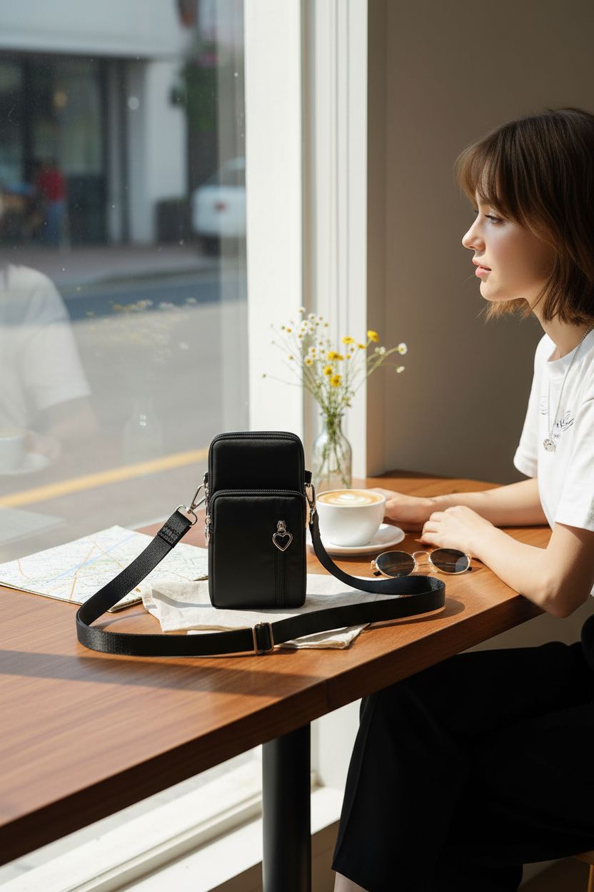 JANKS small purse next to latte and wildflowers in cozy café, suggesting a relaxed day out.