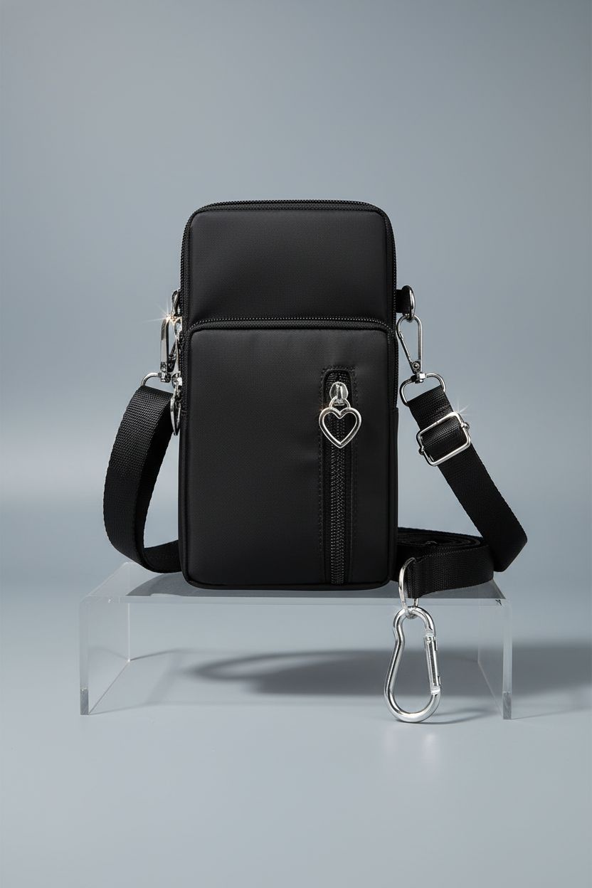 Close-up of JANKS small crossbody bag on studio set, highlighting sleek design and nylon material.