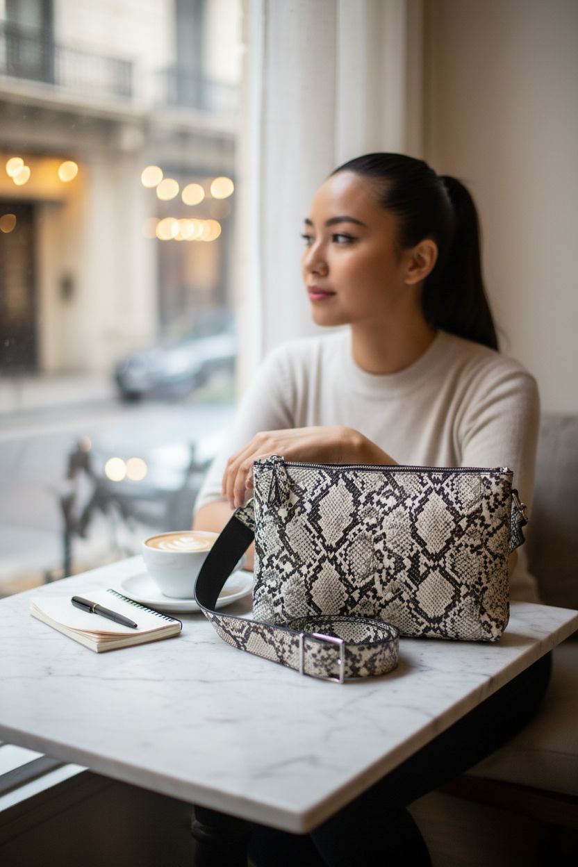 Amazon Essentials snake print crossbody bag resting on a cafe table with a cappuccino.