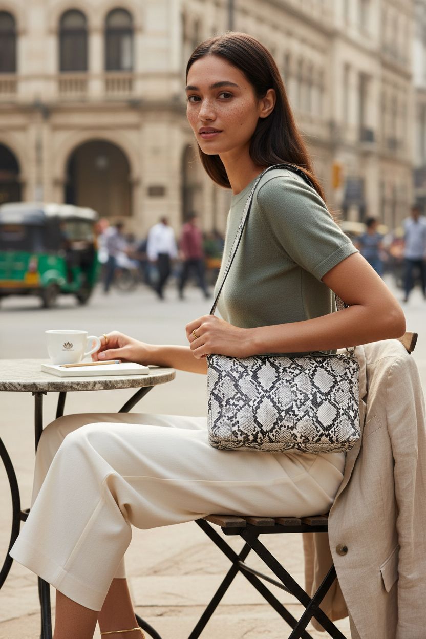 Amazon Essentials snake print crossbody bag on a bistro table with a notebook and coffee.