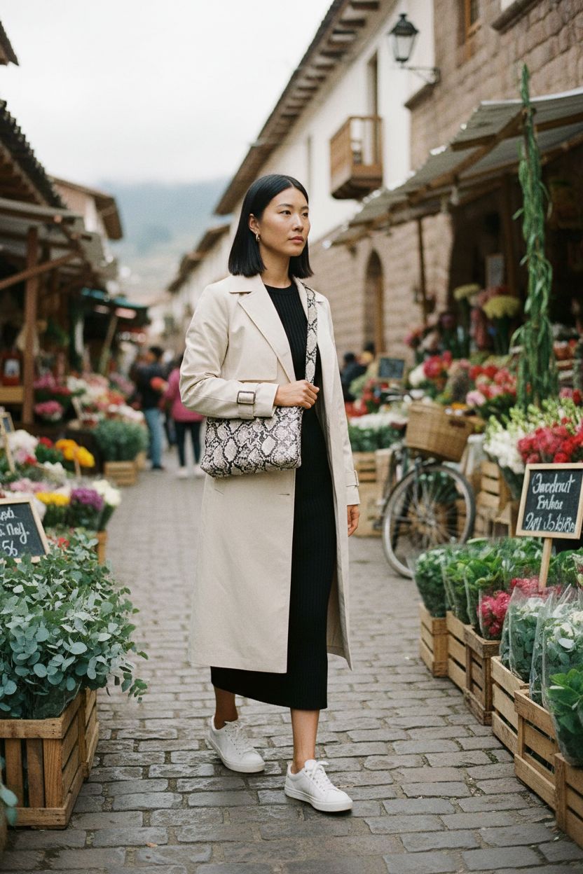 Amazon Essentials snake print crossbody bag adds flair to a black dress at a flower market.