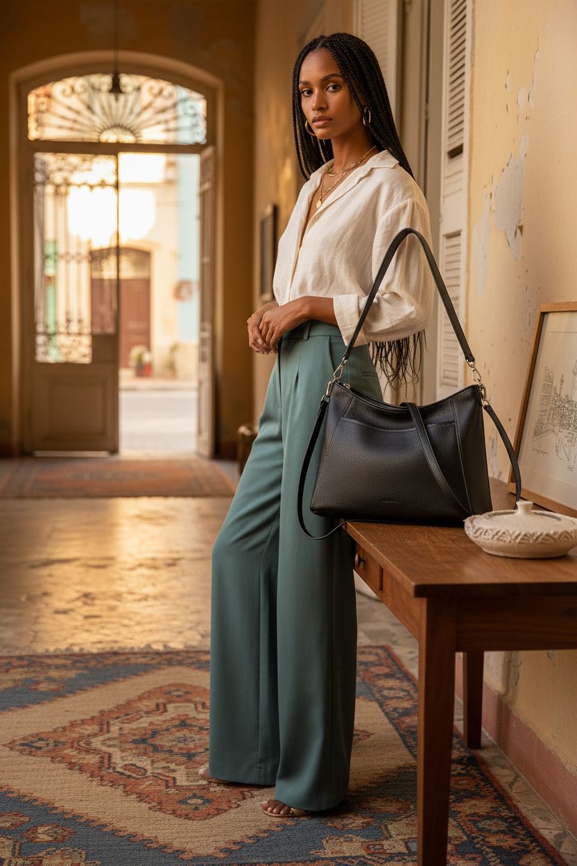 Befen genuine leather shoulder bag elegantly placed on a console in a sunlit entryway.
