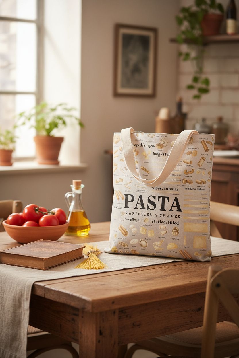 Spaghetti-themed tote bag on a rustic table with fresh ingredients, by BDPWSS.